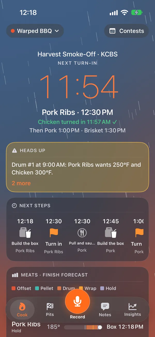 Cook Day in the rain: the chicken turned in at 11:57 AM, the pork ribs next at 12:30 PM, and each meat's finish forecast